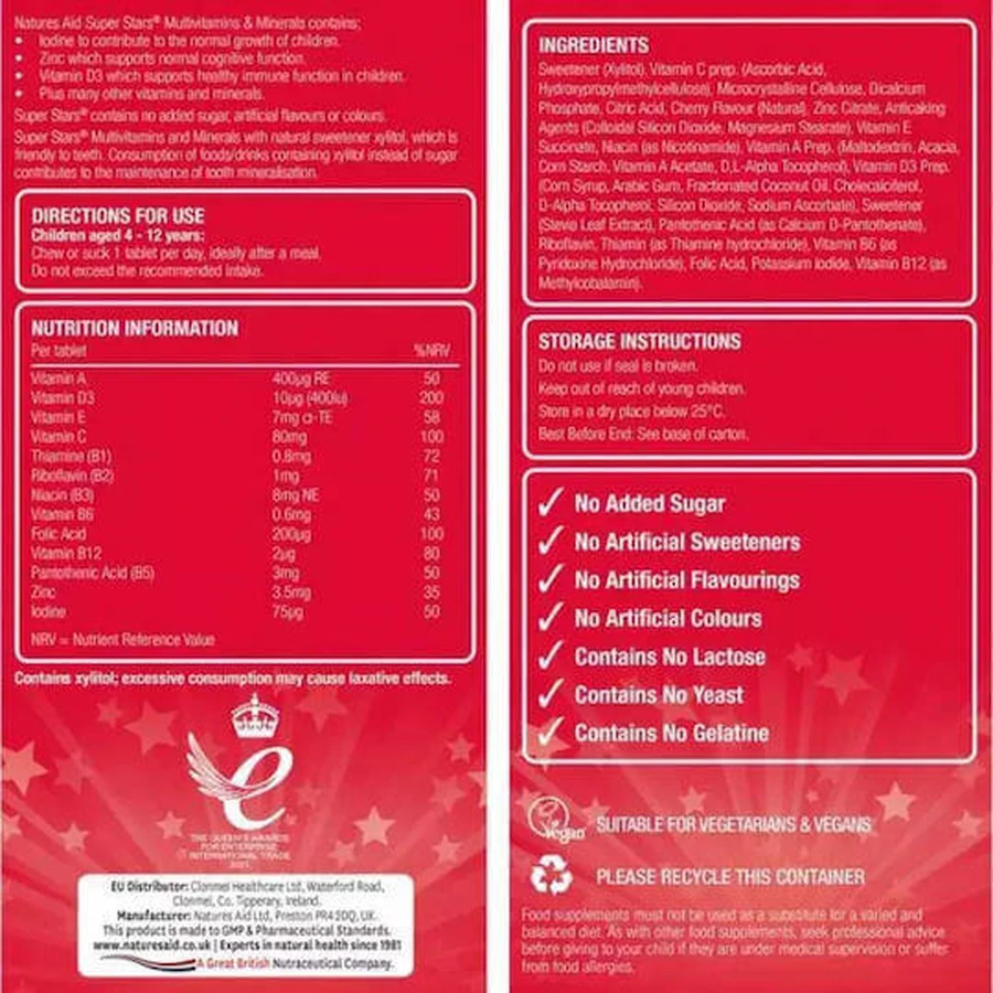 Natures Aid Super Stars Vitamins & Minerals Мультивітаміни для дітей 4-12 років для зміцнення імунної системи вишня: ціни та характеристики