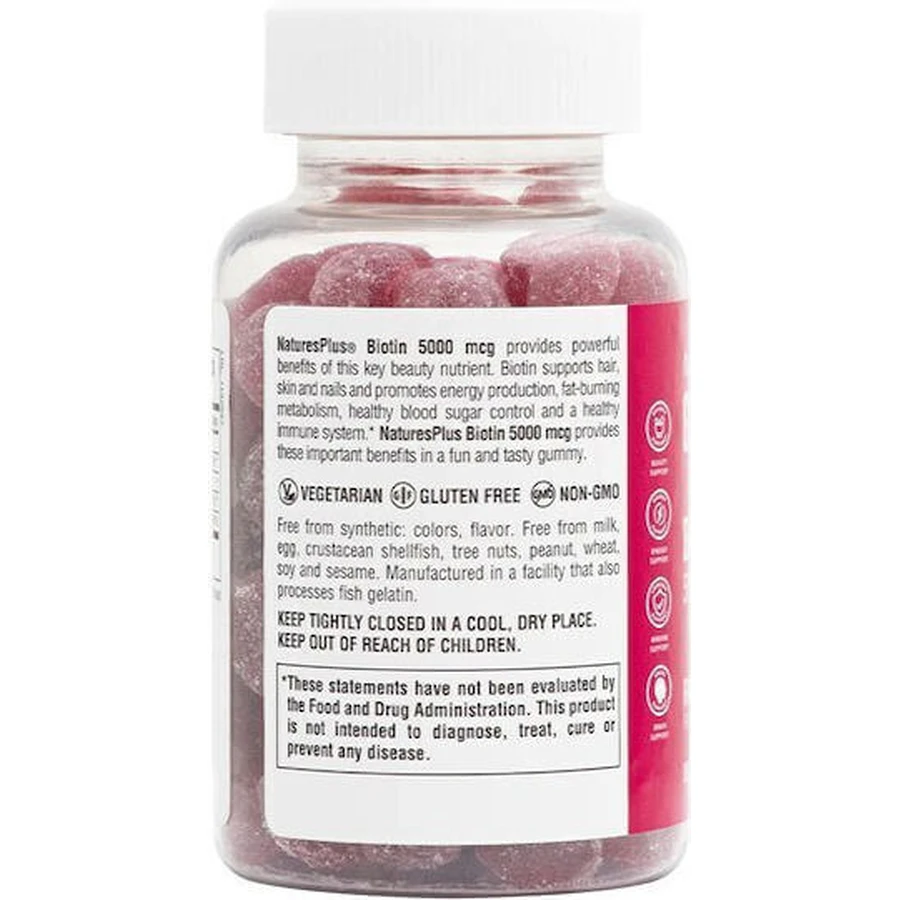 Nature's Plus Gummies Вітамінний комплекс з біотином для волосся, шкіри та нігтів 500 мкг Малина 60 х 1 льодяник: ціни та характеристики