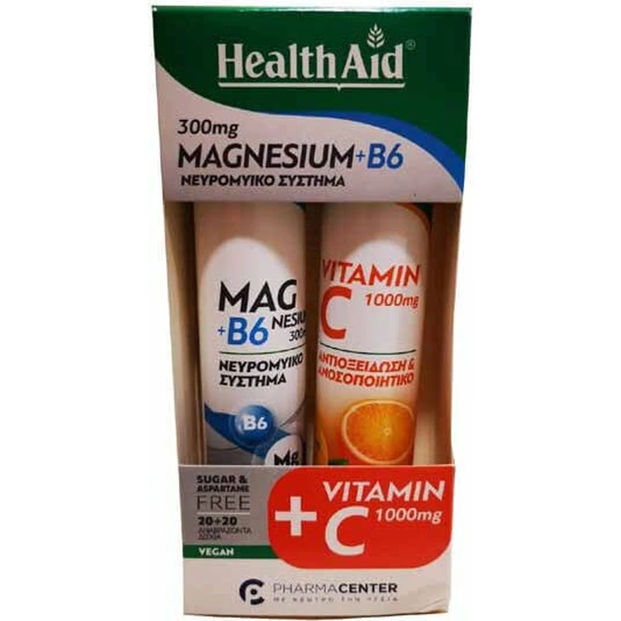 Health Aid Магній + В6 та Вітамін С 1000 мг 2 х 20 шипучих таблеток зі смаком лимона: ціни та характеристики