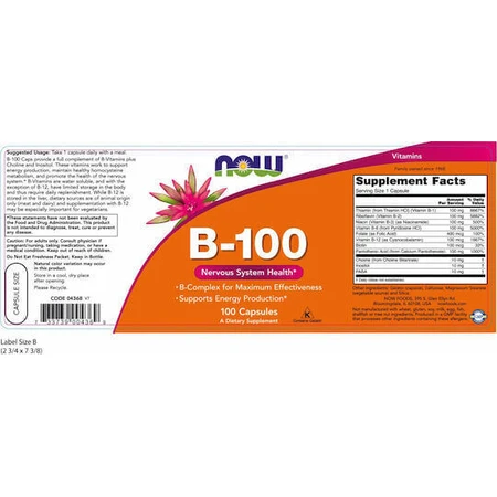 Now Foods B-100 Вітамін для зміцнення енергії, імунітету та нервової системи 100 капс.: ціни та характеристики