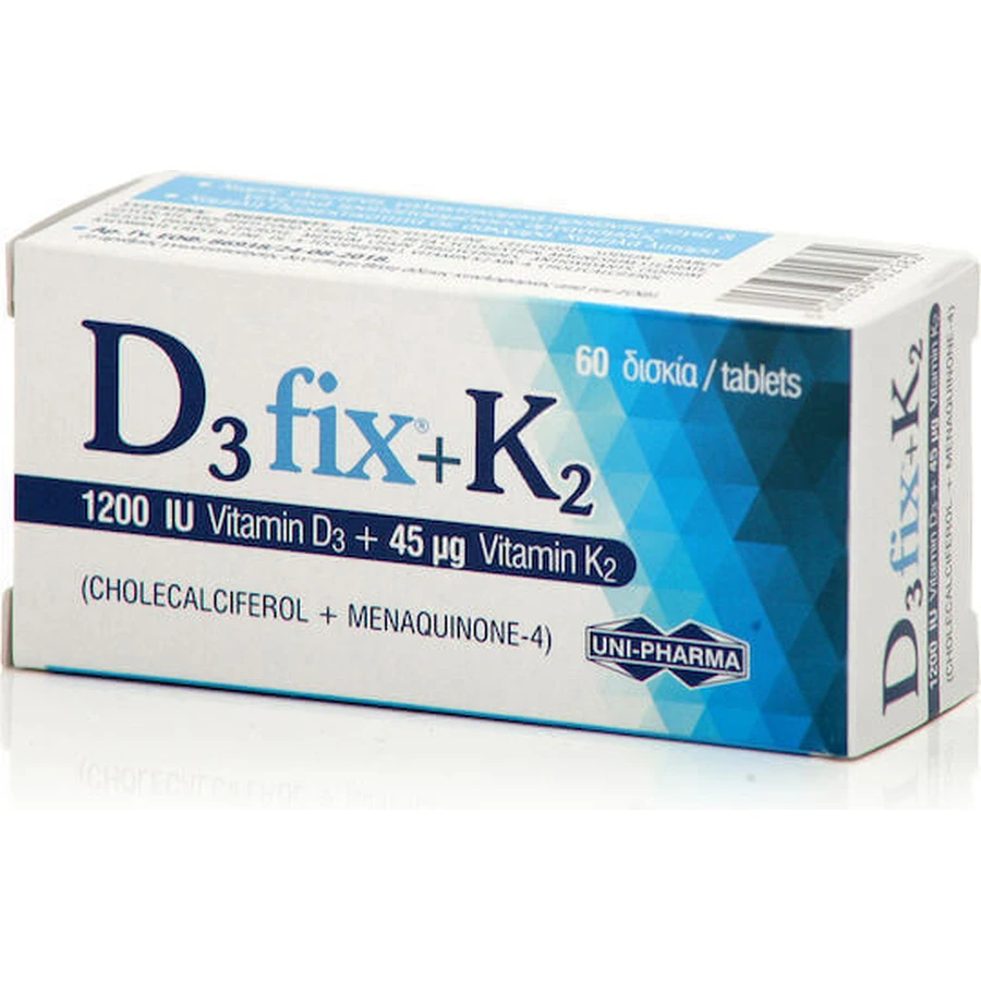 UNI-PHARMA D3 Fix + K2 Вітамін для зміцнення імунної системи та здоров'я яєць 1200iu 45мкг 60 таблеток: ціни та характеристики