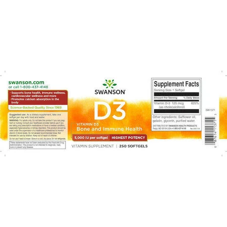 Swanson Vitamin D3 Вітамін для підтримки імунітету та здоров'я яєць 5000iu 250 м'яких гелів: ціни та характеристики