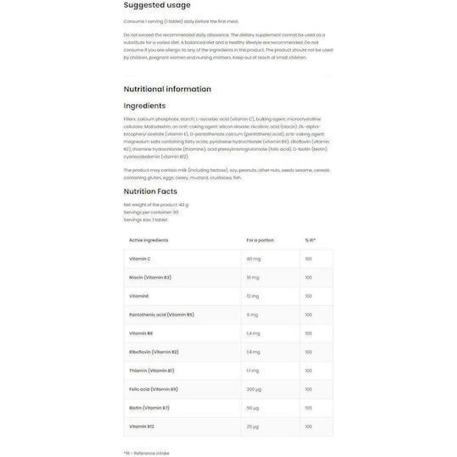 OstroVit Vitamin B Complex Вітамінний комплекс для зміцнення енергії, імунітету та нервової системи 90 таблеток: ціни та характеристики