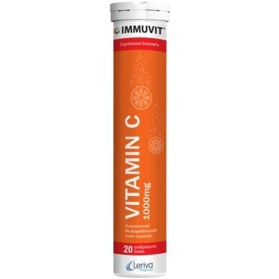 Leriva Pharma Immuvit Immuvit Вітамін С Вітамін для зміцнення імунної системи, шкіри та антиоксидантної дії 1000мг апельсин 20 табл. еф.: ціни та характеристики