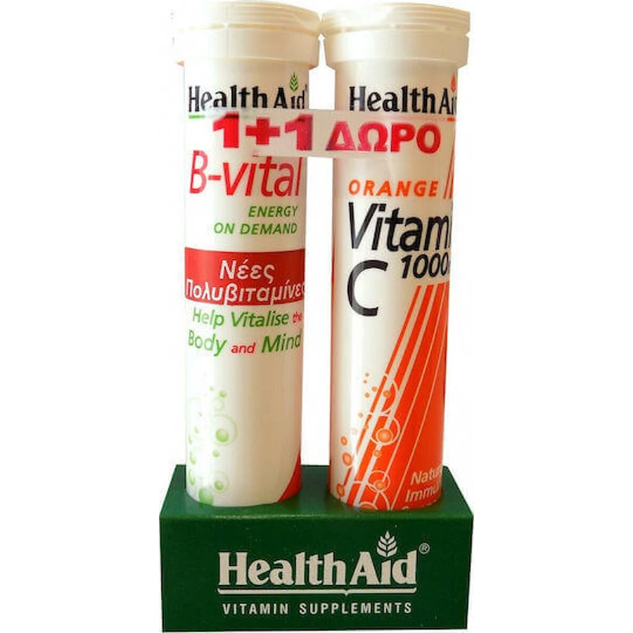Health Aid B-Vital & Vitamin C Мультивітамін B-Vital 20 шипучих таблеток та вітамін C 1000мг зі смаком апельсина 20 шипучих таблеток для підвищення енергії та зміцнення імунної системи 1000мг апельсина: ціни та характеристики