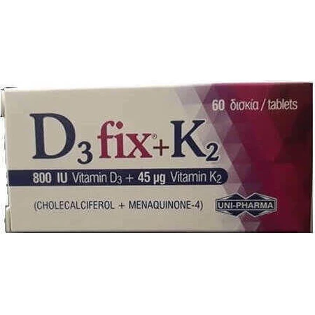 UNI-PHARMA D3 Fix + K2 Витамин для укрепления иммунной системы и здоровья яиц 800iu 45mcg 60 таблеток: цены и характеристики