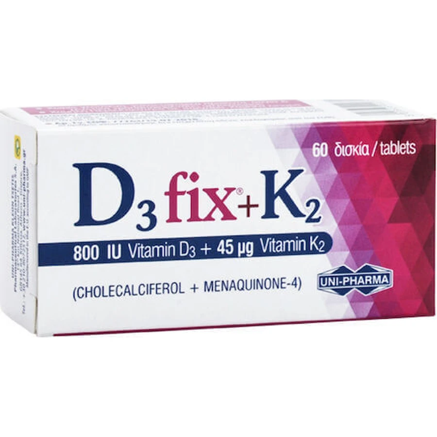UNI-PHARMA D3 Fix + K2 Витамин для укрепления иммунной системы и здоровья яиц 800iu 45mcg 60 таблеток: цены и характеристики