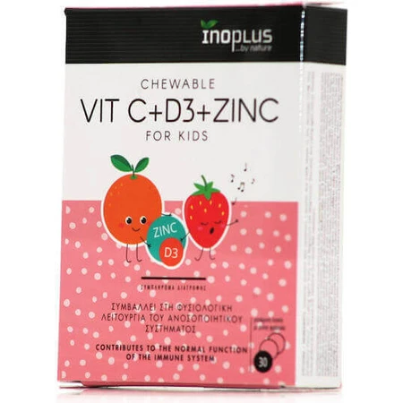 Полівітамінний комплекс Ino Plus Vit C + D3 + Zinc для зміцнення імунної системи 30 x { chew_tabs | divided_by:temaxia }} жувальні таблетки: ціни та характеристики