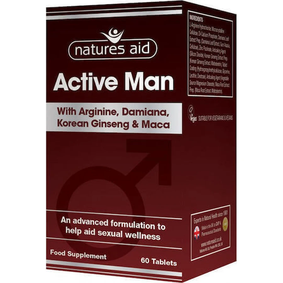Дієтична добавка Natures Aid Active Man з аргініном, корейським женьшенем та макою Спеціальна 60 файлів: ціни та характеристики