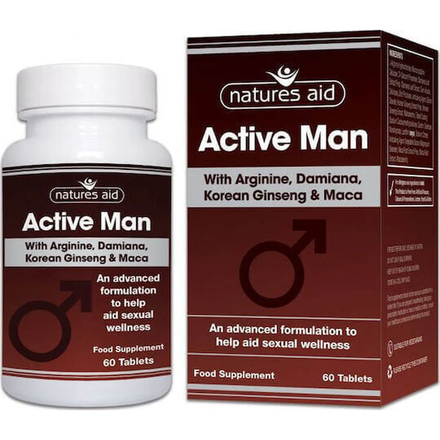 Дієтична добавка Natures Aid Active Man з аргініном, корейським женьшенем та макою Спеціальна 60 файлів: ціни та характеристики