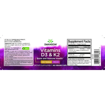Swanson Vitamins D3 & K2 Вітаміни для підтримки імунітету та здоров'я яєць 60 рослинних капсул: ціни та характеристики