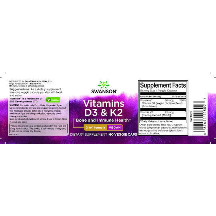 Swanson Vitamins D3 & K2 Вітаміни для підтримки імунітету та здоров'я яєць 60 рослинних капсул: ціни та характеристики