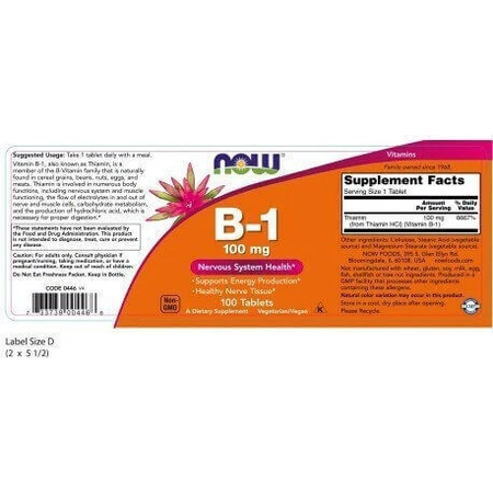 Now Foods B-1 Вітамін для здоров'я нервової системи 100 мг 100 таблеток: ціни та характеристики