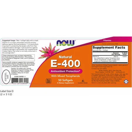 Now Foods Вітамін Е Вітамін для шкіри та антиоксидантної дії 400iu 268мг 50 м'яких гелів: ціни та характеристики