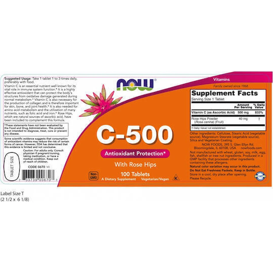 Now Foods C-500 з вітаміном шипшини для підтримки імунітету, шкіри та антиоксидантної дії 500 мг 100 таблеток: ціни та характеристики