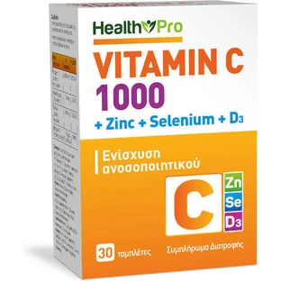Health Pro Вітамін С 1000 з цинком, селеном та D3 для зміцнення імунітету, шкіри та антиоксидантної дії 30 таблеток