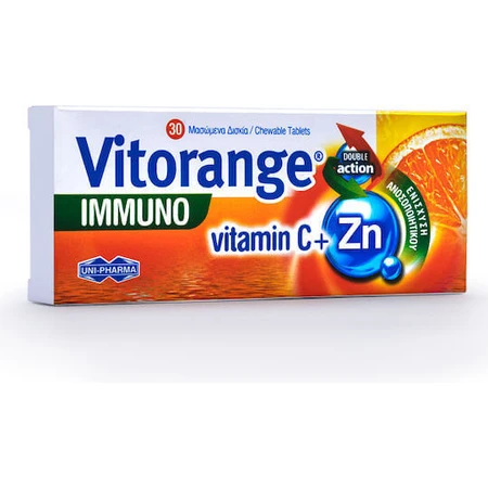 UNI-PHARMA Vitorange Immuno Вітамін С + Zn Мультивітамінний комплекс для зміцнення енергії та імунної системи апельсин 30 жувальних таблеток: ціни та характеристики