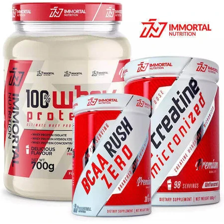 Immortal Nutrition 100% сироватковий протеїн 700г шоколадний фундук, BCAA Rush 300г апельсин та Epic Creatine 500г без смаку: ціни та характеристики