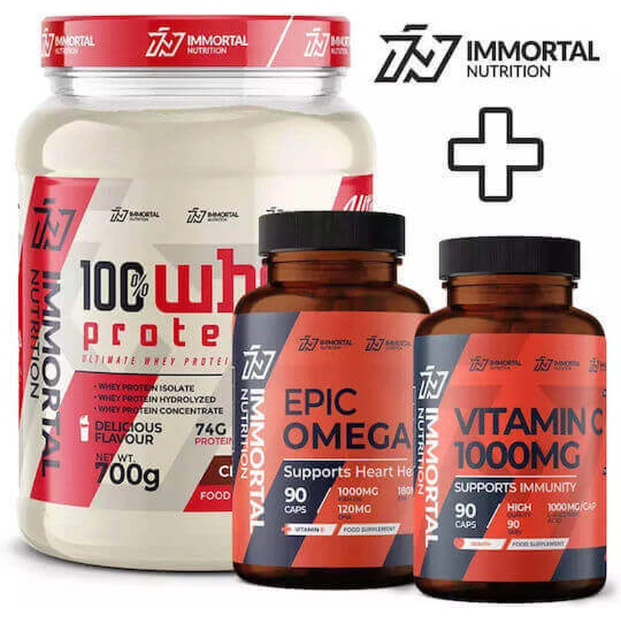 Immortal Nutrition 100% Whey Protein 100% Whey Protein 700gr Fudgy Brownie, Epic Omega 3 90 softgels & Vitamin C 1000mg 90 caps: ціни та характеристики