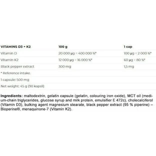 Nutrend Vitamins D3 + K2 Вітаміни для підтримки імунітету та здоров'я яєць 100 мг 90 капс.
