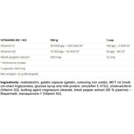 Nutrend Vitamins D3 + K2 Вітаміни для підтримки імунітету та здоров'я яєць 100 мг 90 капс.: ціни та характеристики