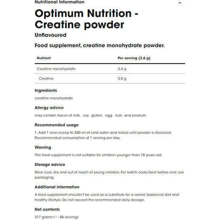 Optimum Nutrition Мікронізований креатин без смаку 317гр: ціни та характеристики