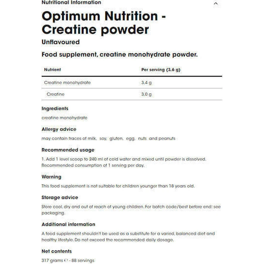 Optimum Nutrition Мікронізований креатин без смаку 317гр: ціни та характеристики