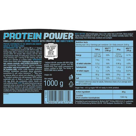 Biotech USA Protein Power з креатином без глютену та лактози зі смаком шоколаду 1 кг: ціни та характеристики