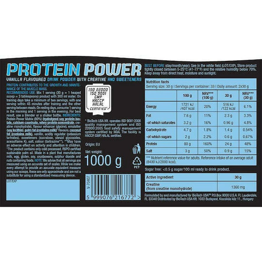 Biotech USA Protein Power з креатином без глютену та лактози зі смаком шоколаду 1 кг: ціни та характеристики
