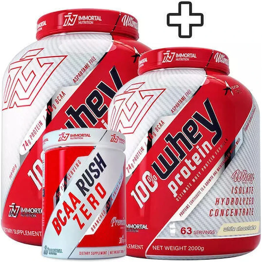 Immortal Nutrition 100% сироватковий протеїн білий шоколад 2х2кг та Bcaa Rush Zero без смаку 300гр: ціни та характеристики