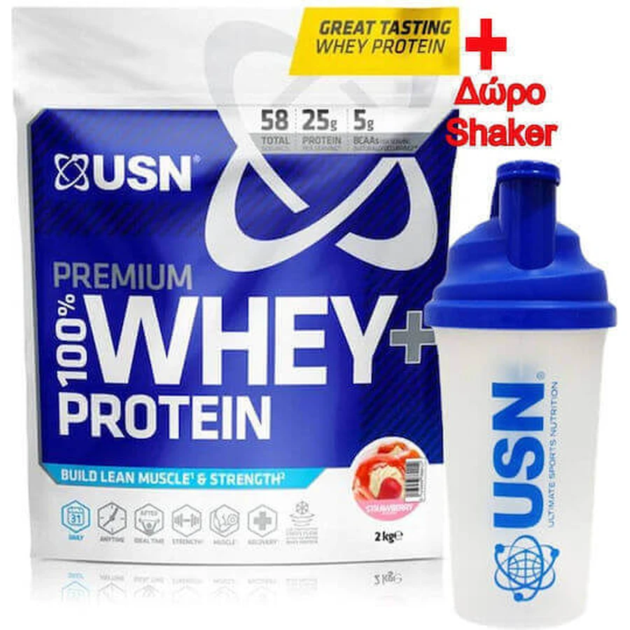 Преміальний сироватковий протеїн USN 100% Whey+ зі смаком полуниці 2 кг: ціни та характеристики