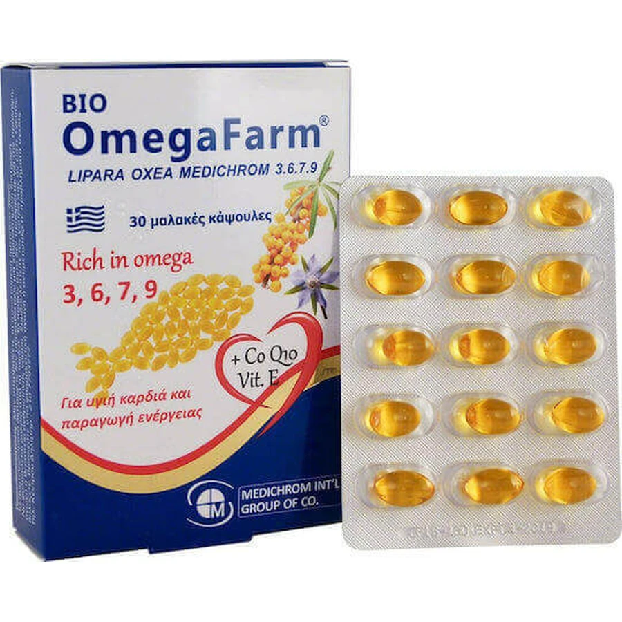 Medichrom Bio Omega Farm Омега 3-6-9-7 та CoQ10, риб'ячий жир, вітамін Е 30 м'яких гелів без смаку: ціни та характеристики
