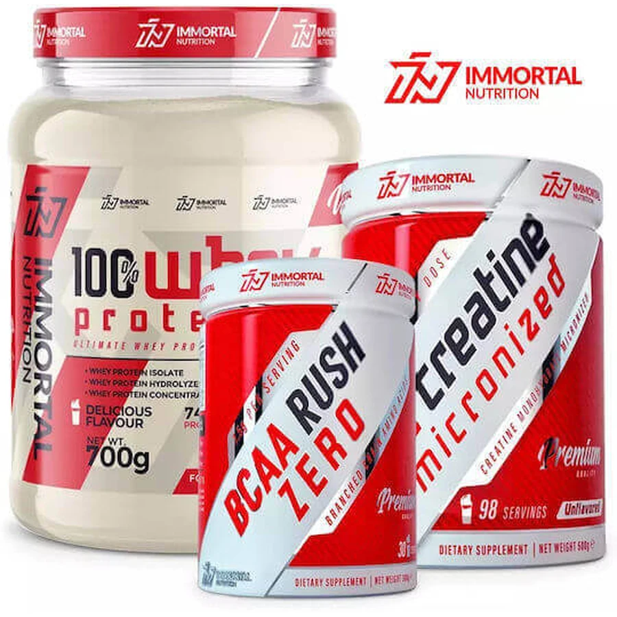 Immortal Nutrition 100% сывороточный протеин 700 гр шоколад-банан, BCAA Rush 300 гр клубника и Epic Creatine 500 гр без вкуса: цены и характеристики