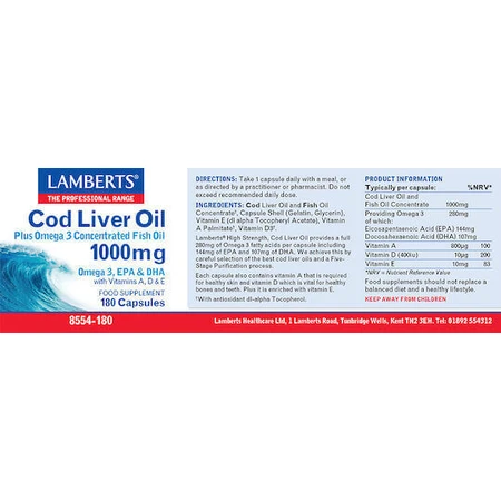 Lamberts Cod Liver Oil Масло печени трески 1000 мг 180 капс неароматизированное: цены и характеристики
