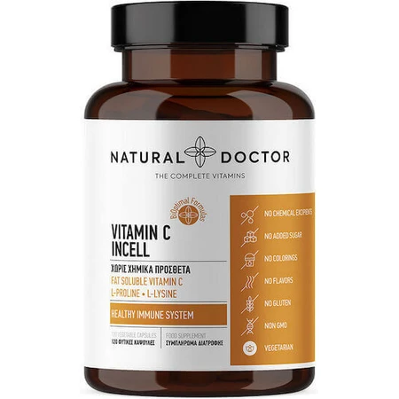 Natural Doctor Vit C Incell Вітамін для зміцнення імунітету, шкіри та антиоксидантної дії 120 рослинних капсул: ціни та характеристики