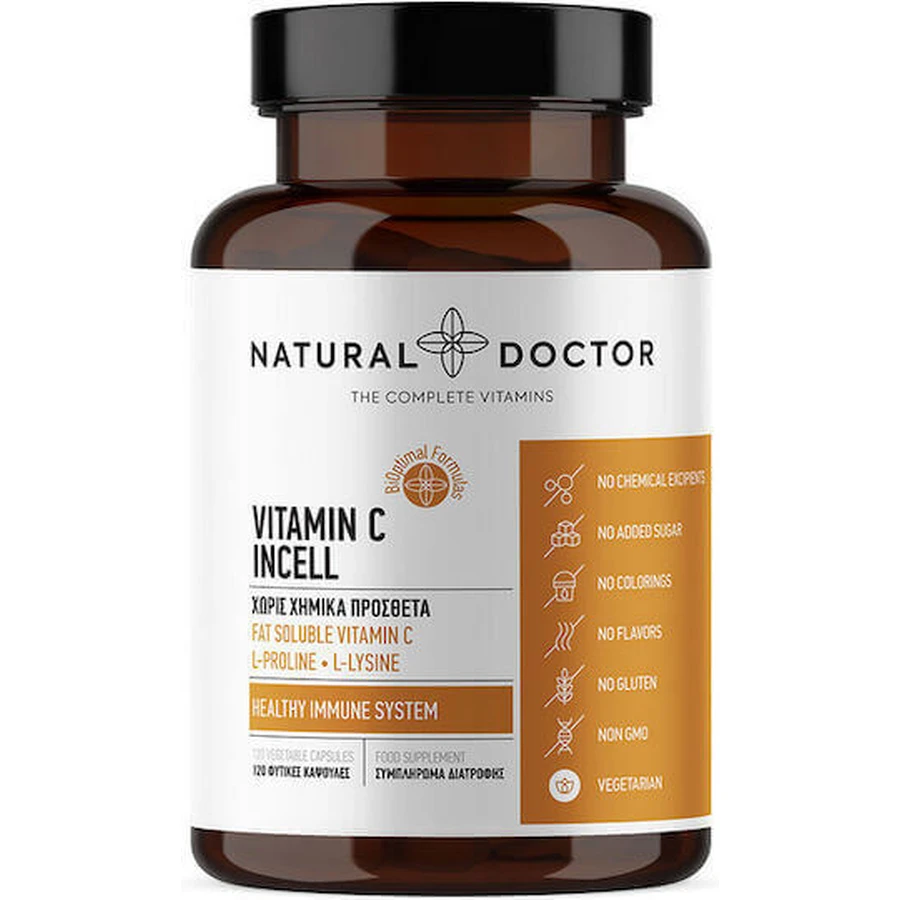 Natural Doctor Vit C Incell Вітамін для зміцнення імунітету, шкіри та антиоксидантної дії 120 рослинних капсул: ціни та характеристики