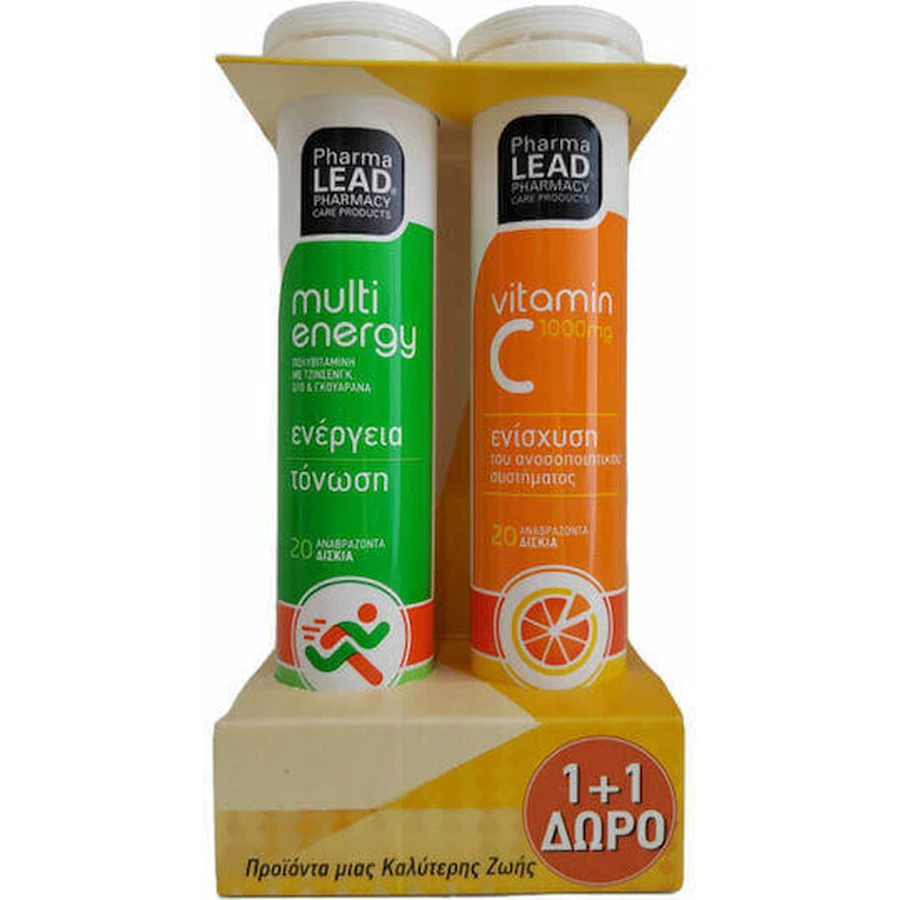 Pharmalead Multi Energy & Vitamin C 1000mg Мультивітаміни 20 табл. та вітамін С 1000мг 20 таблеток для зміцнення енергії та імунної системи 1000мг зі смаком мультивітамінів: ціни та характеристики