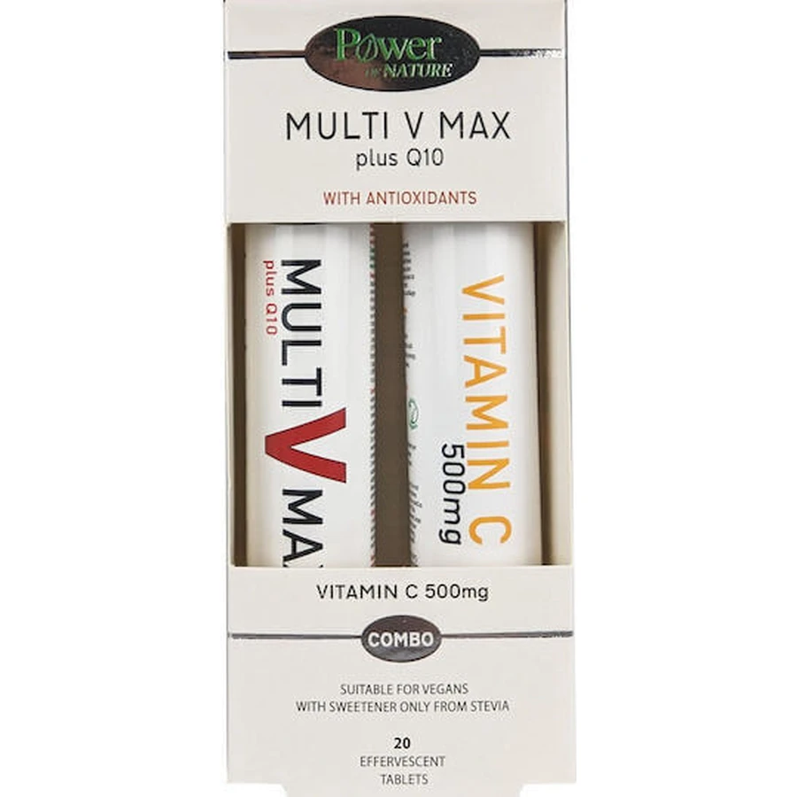 Power Of Nature Multi V Max Plus Q10 & Vitamin C 500mg Мультивитамины для укрепления иммунной системы и антиоксидантного действия 500mg 2 x 20 шипучих таблеток: цены и характеристики
