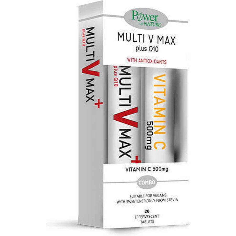 Power Of Nature Multi V Max Plus Q10 & Vitamin C 500mg Мультивитамины для укрепления иммунной системы и антиоксидантного действия 500mg 2 x 20 шипучих таблеток: цены и характеристики