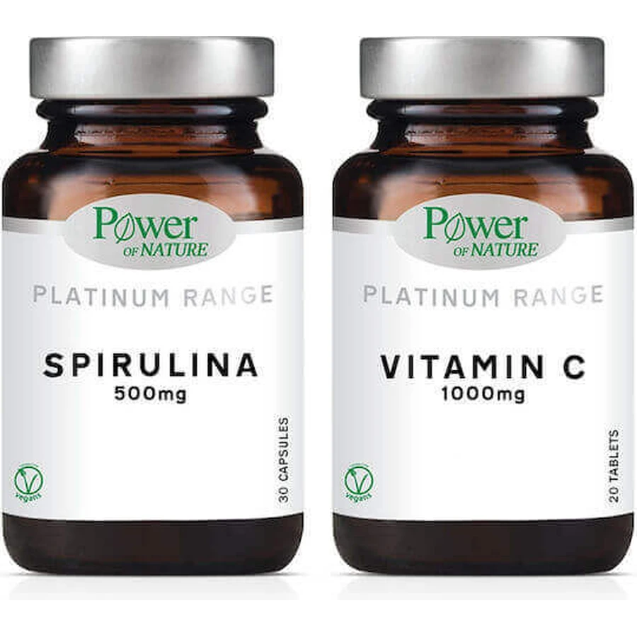 Power Of Nature Spirulina Platinum Range Спирулина 500 мг 30 таблеток и витамин C 1000 мг 20 таблеток: цены и характеристики