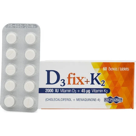 UNI-PHARMA D3 Fix + K2 Вітамін для зміцнення імунної системи та здоров'я яєць 2000iu 45мкг 60 таблеток: ціни та характеристики