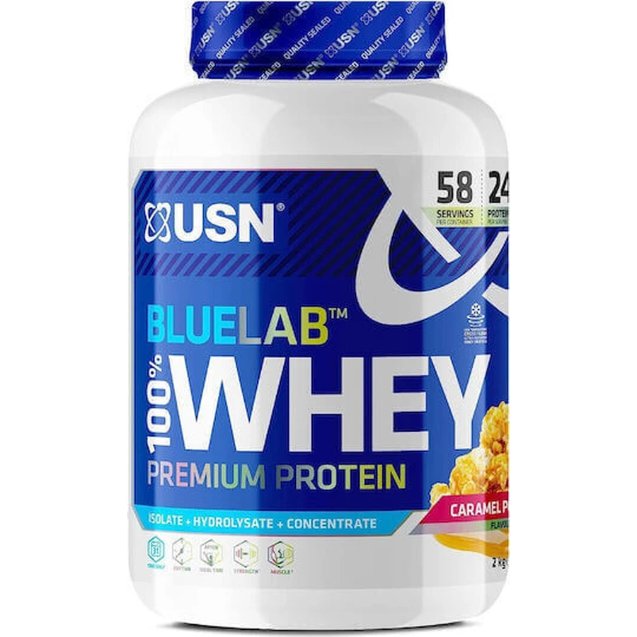 USN BlueLab 100% сироватковий протеїн зі смаком карамельного попкорну 908гр: ціни та характеристики