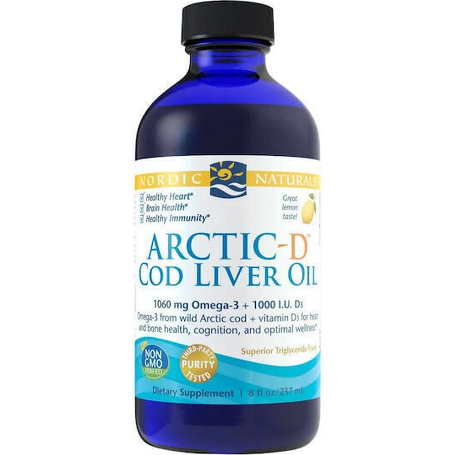 Nordic Naturals Arctic-D Олія печінки тріски 1060 мг Омега 3 та 1000 МО D3 Олія печінки тріски 1060 мг 237 мл: ціни та характеристики