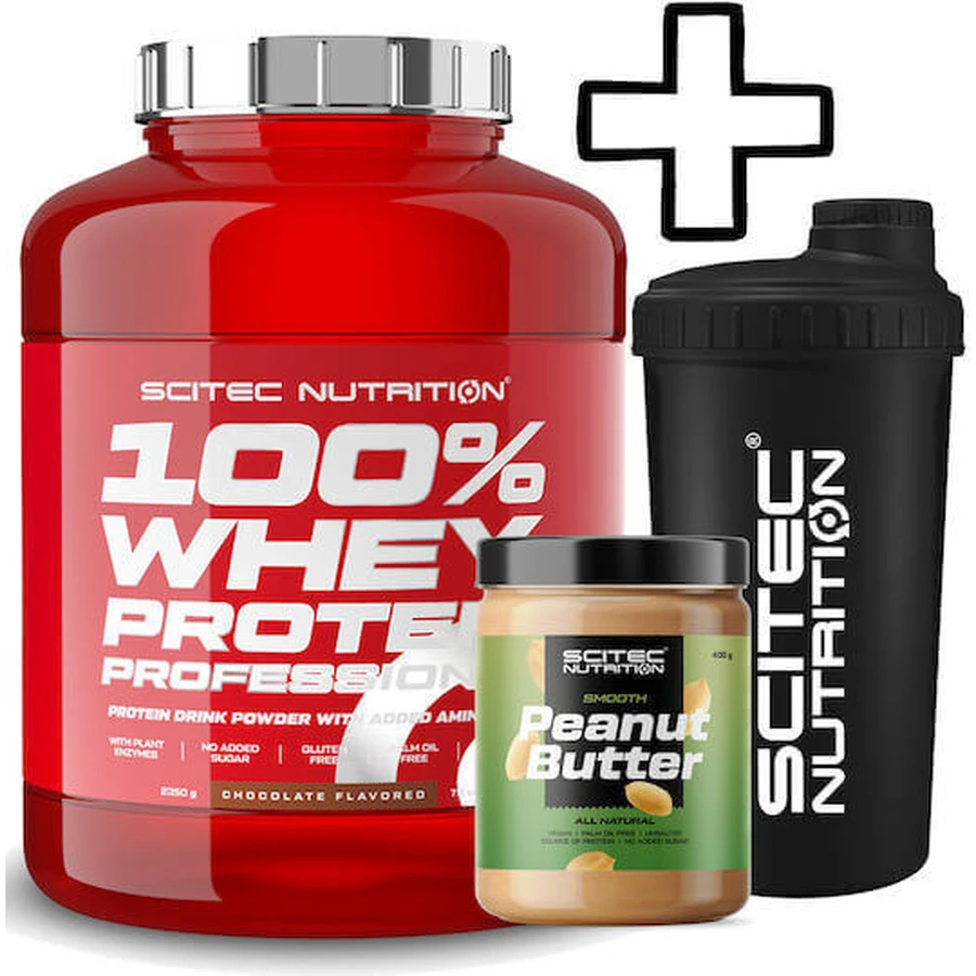 Персоналізований Scitec Nutrition 100% Whey Protein Professional 2350г арахісового масла та Scitec Nutrition арахісове масло 400г хрустке та Scitec Nutrition шейкер 700мл чорний: ціни та характеристики
