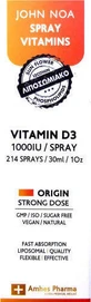 John Noa Vitamin D3 Origin Сильна доза вітаміну для зміцнення імунної системи та здоров'я яєць 1000iu 30мл