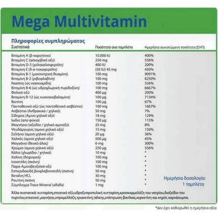 Натуральные витамины Mega Multivitamin Мультивитамины для энергии, укрепления иммунной системы и волос 100 мг 30 таблеток: цены и характеристики