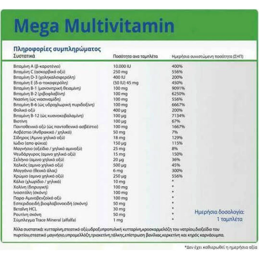 Натуральные витамины Mega Multivitamin Мультивитамины для энергии, укрепления иммунной системы и волос 100 мг 30 таблеток: цены и характеристики