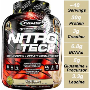 MuscleTech Nitrotech Whey Protein Сироватковий протеїн з креатином та смаком ванільних вершків 1,8 кг