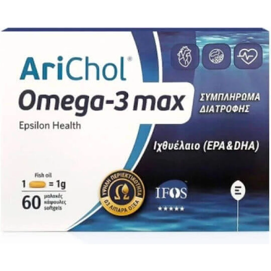 Epsilon Health Arichol Omega-3 Max Fish Oil 1000mg 60 softgels Unflavoured: цены и характеристики