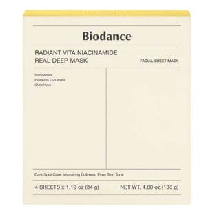 Набор масок для придания сияния с ниацинамидом и глутатионом Radiant Vita Niacinamide Real Deep, 4 штуки, Biodance
